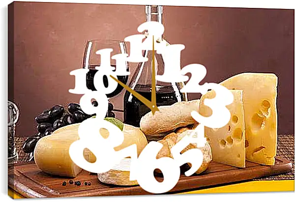 Часы картина - Хлеб, сыр, виноград и вино. Вкус Изысканности.