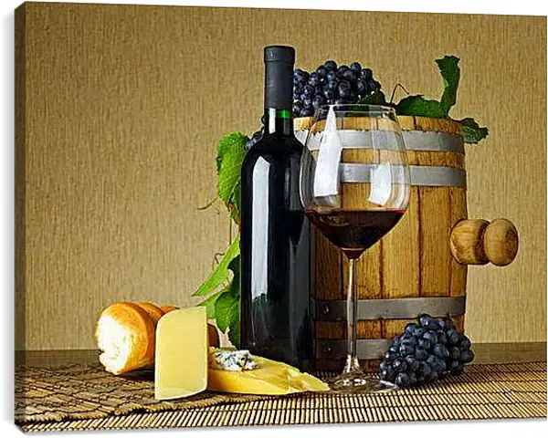Постер на подрамнике - Бочонок с вином. Винный натюрморт.
