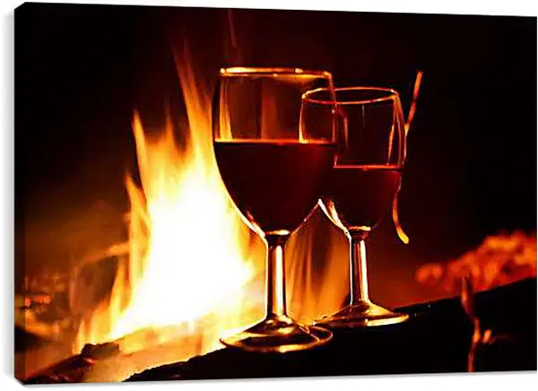 Постер на подрамнике - Вино возле камина. Тепло и Вино.