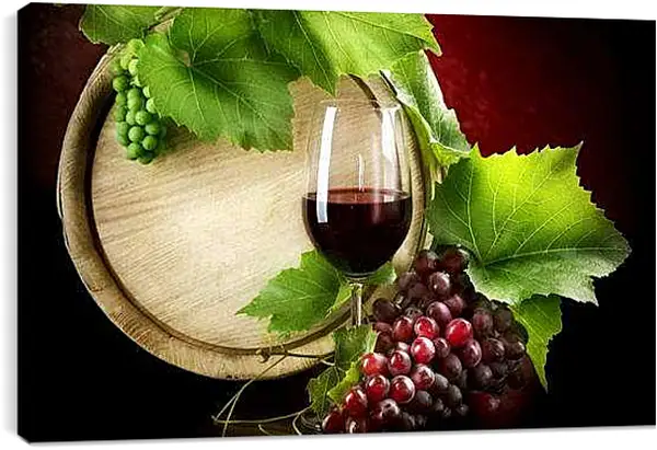 Постер на подрамнике - Дубовая бочка вина, бокал и виноград. Винный натюрморт.
