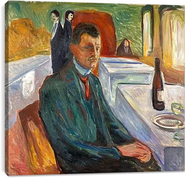 Постер на подрамнике - Self-Portrait with a Bottle of Wine. Эдвард Мунк
