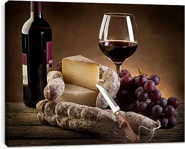 Постер на подрамнике - Красное вино и сыр. Винный натюрморт.
