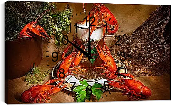 Часы картина - Стакан пива и шесть раков. Пивной натюрморт.