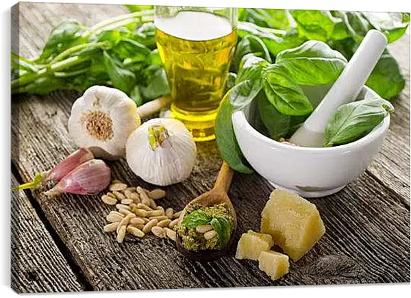 Постер на подрамнике - Ингридиенты для соуса Песто. Ингредиенты для песто.