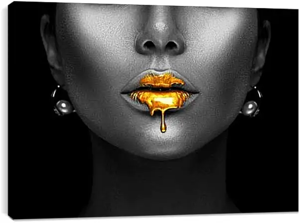 Постер на подрамнике - Золотая краска на губах у девушки