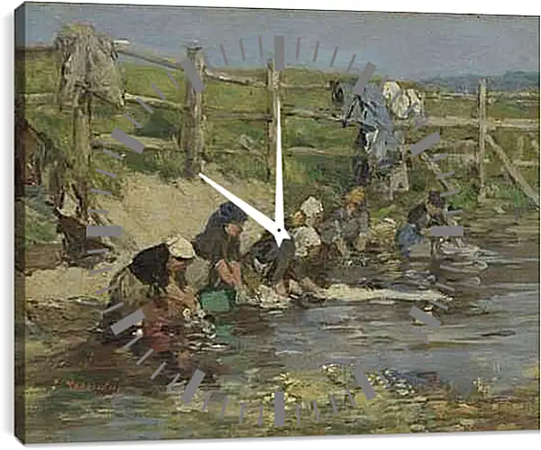 Часы картина - Laundresses by a Stream. Эжен Буден