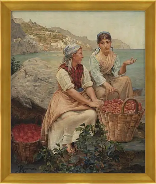 Картина в раме - Italienske piger med tomater i kurve. Педер Хенрик Кристиан Сартман