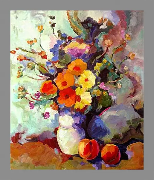 Картина в раме - Маки и персики