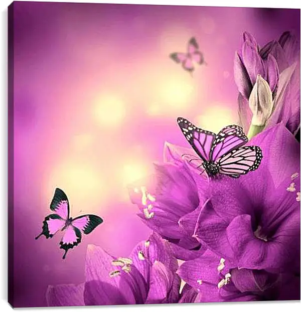 Постер на подрамнике - Бабочки и сиреневые цветы