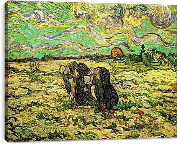 Постер на подрамнике - Two Peasant Women Digging in Field with Snow. Винсент Ван Гог