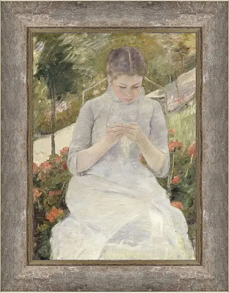 Картина в раме - Молодая женщина за шитьём в саду. Кэссетт (Кассатт) Мэри Стивенсон