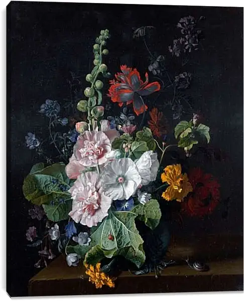 Постер на подрамнике - Штокрозы с другими цветами в вазе. Ян ван Хёйсум