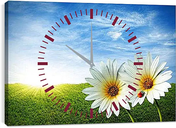 Часы картина - Божья коровка на герберах