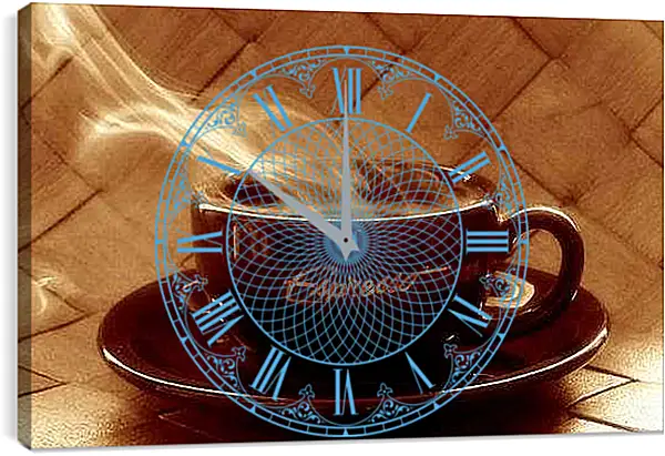 Часы картина - Чашка на блюдце с горячим напитком. Аромат Утра.