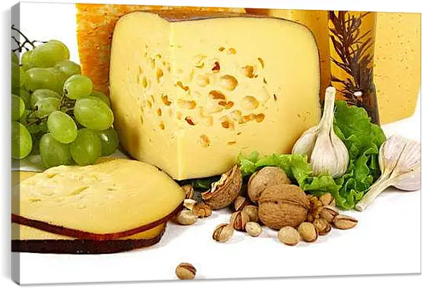 Постер на подрамнике - Виноград, сыр, орехи и чеснок. Сырное Изобилие.