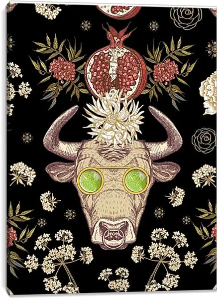 Постер на подрамнике - Голова быка и плоды гранатов