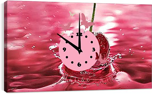 Часы картина - Вишня в брызгах. Сладкое падение.