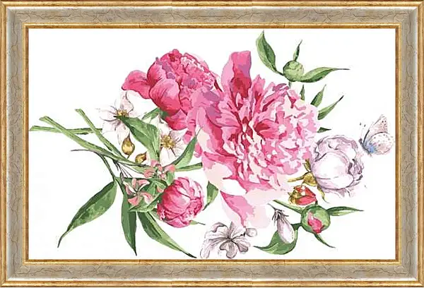 Картина в раме - Пионы и бабочка