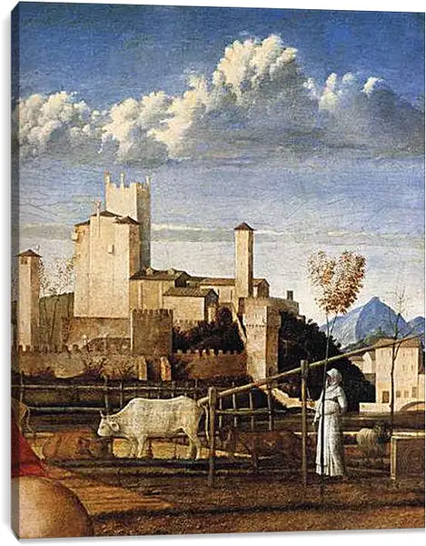 Постер на подрамнике - Virgin and Child (Detail). Мадонна на лугу. Фрагмент пейзажа. Джованни Беллини