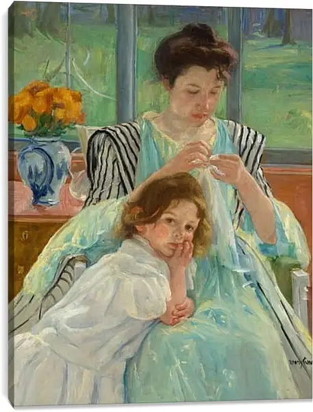 Постер на подрамнике - Молодая мать за шитьём. Кэссетт (Кассатт) Мэри Стивенсон