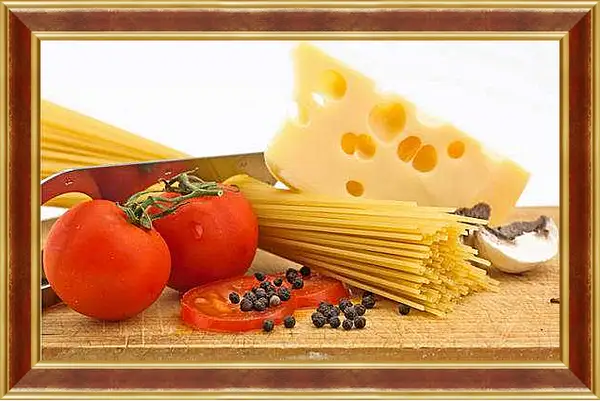 Картина в раме - Натюрморт паста, сыр, помидоры. Итальянская Классика.