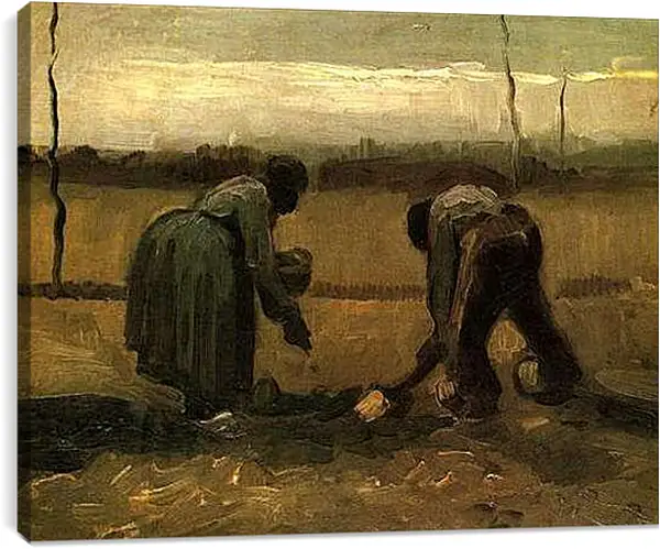 Постер на подрамнике - Peasant and Peasant Woman Planting Potatoes. Винсент Ван Гог
