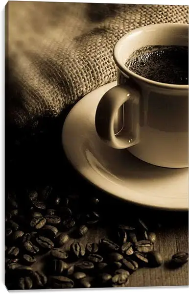 Постер на подрамнике - Чашка кофе и чёрные зёрна. Утренний кофе.