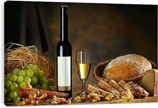 Постер на подрамнике - Бутылка вина, бокал вина, хлеб и виноград. Вкус Жизни.