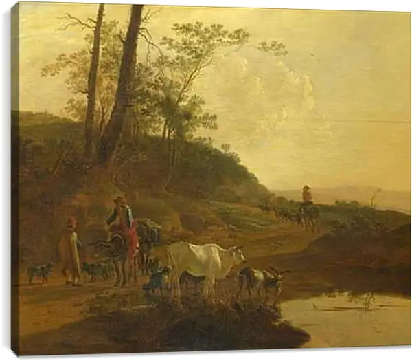 Постер на подрамнике - Men with an Ox and Cattle by a Pool. Ян Бот