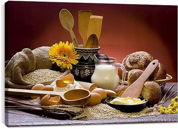 Постер на подрамнике - Натюрморт молоко и хлеб. Домашний уют.