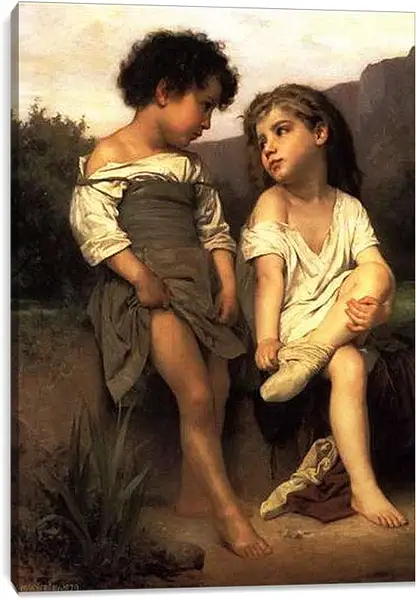 Постер на подрамнике - Au Bord du Ruisseau - Маленькие купальщицы. Адольф Вильям Бугро