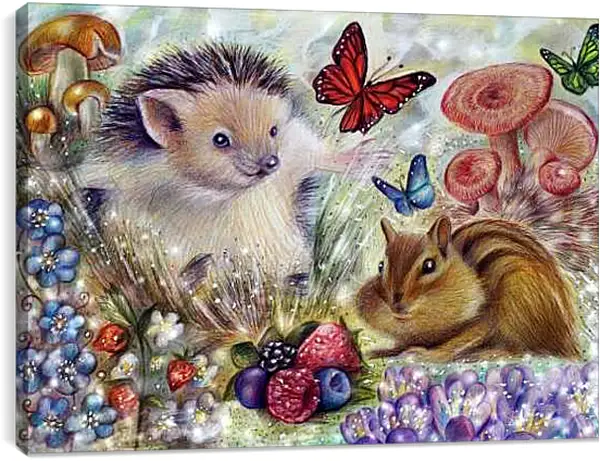 Постер на подрамнике - Еж, барсук и бабочки