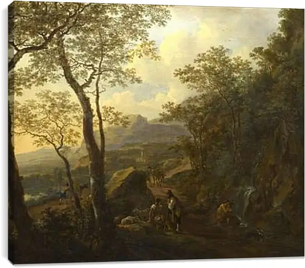 Постер на подрамнике - A Rocky Italian Landscape with Herdsmen and Muleteers. Ян Бот