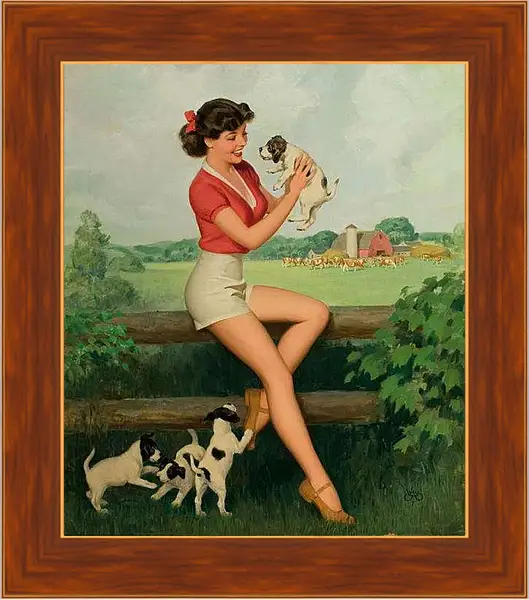 Картина в раме - Девушка с щенками (стиль пин ап)