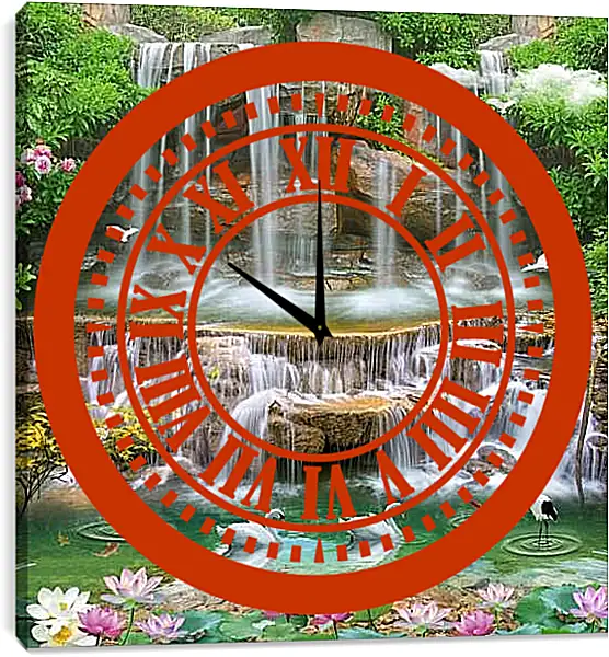 Часы картина - Водопад и плавающие лебеди