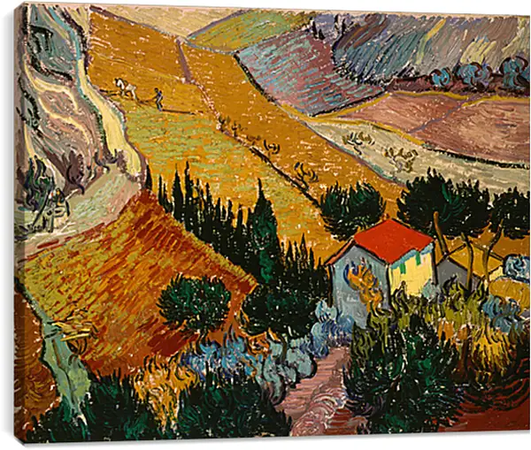 Постер на подрамнике - Landscape with the Chateau of auvers at Sunset - Пейзаж с домом и пахарем. Винсент Ван Гог