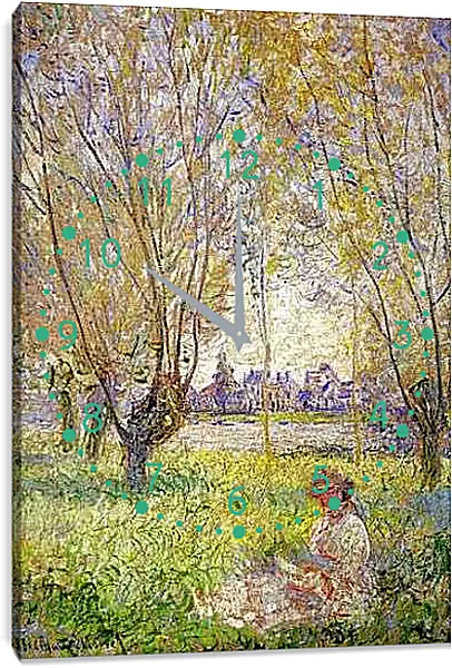 Часы картина - Woman sitting under willows. Клод Моне