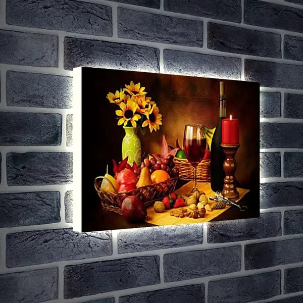 Лайтбокс световая панель - Вино, подсолнухи, свеча. Солнечный натюрморт.