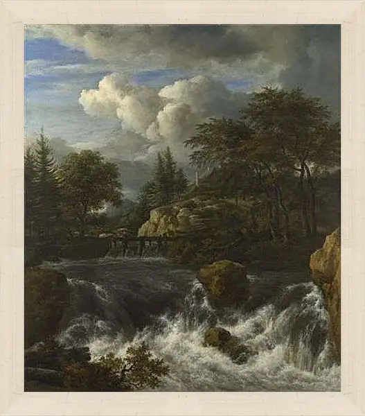 Картина в раме - A Waterfall in a Rocky Landscape. Якоб ван Рейсдал