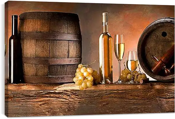 Постер на подрамнике - Две грозди винограда, бочки и вино. Винный погреб.