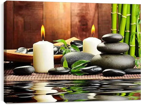 Постер на подрамнике - Бамбук, камни, свечи, вода