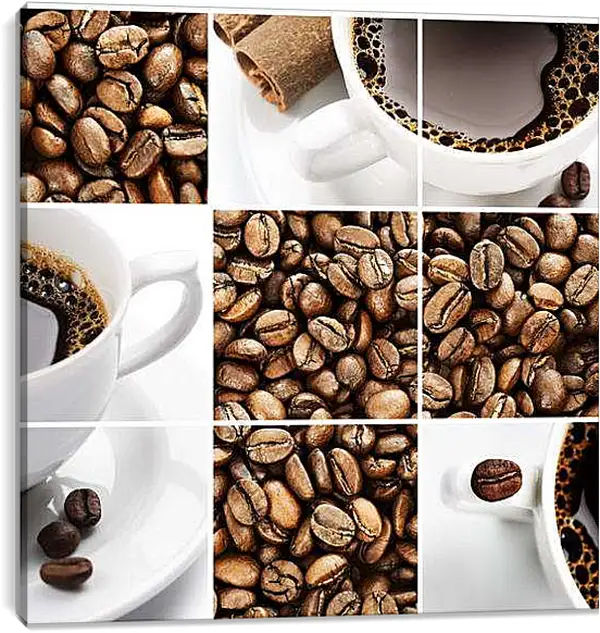 Постер на подрамнике - Коллаж с кофе. Ароматное утро.