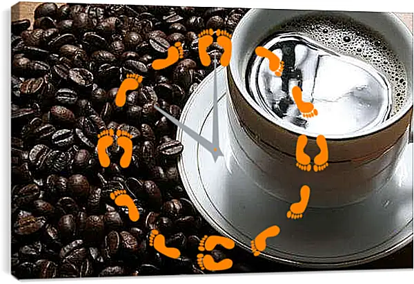 Часы картина - Чашка кофе и зёрна на столе. Кофейное утро.