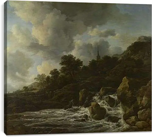 Постер на подрамнике - A Waterfall at the Foot of a Hill, near a Village. Якоб ван Рейсдал