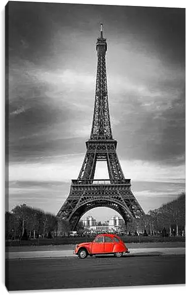 Постер на подрамнике - Красная машина на фоне Эйфелевой башни