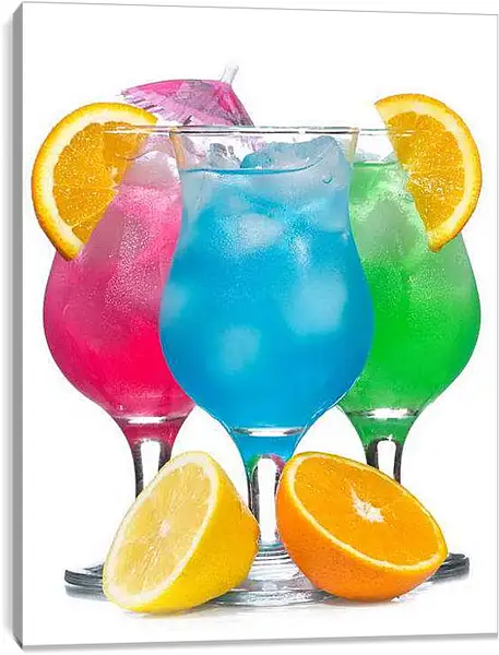 Постер на подрамнике - Разноцветные коктейли с апельсином. Летние краски.