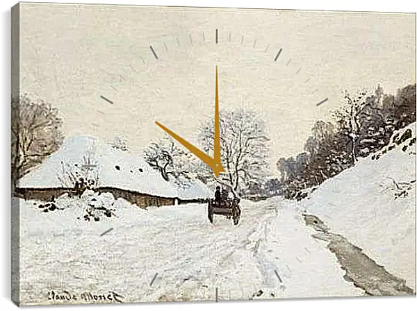 Часы картина - A Cart on the Snowy Road at Honfleu. Клод Моне
