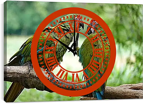 Часы картина - Два зелёных попугайчика