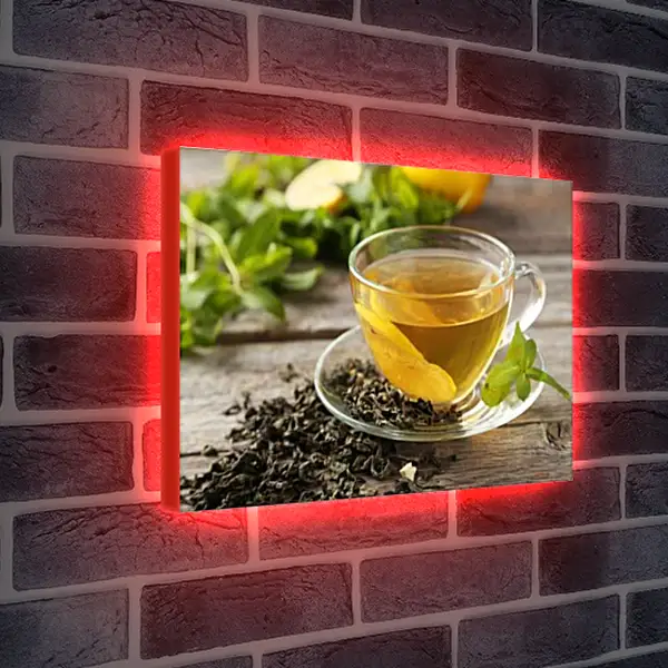 Лайтбокс световая панель - Чашка чая с лимоном на блюдце. Чай с Лимоном.