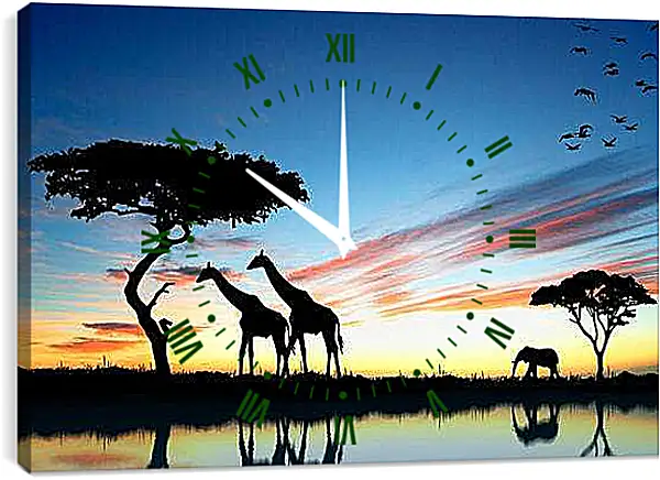 Часы картина - Жирафы и слон. Закат в африке